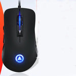 Black gaming mouse with blue LED accents and customizable hardware macro features